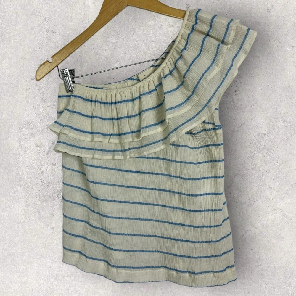 Sezane Adeline Blouse Blue Ecru One Shoulder Size 36 French / US 4 Ruffle Stripe - Picture 4 of 10